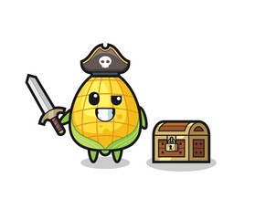 the corn pirate character holding sword beside a treasure box