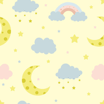 Seamless children pattern with clouds, moon and stars. Creative kids texture for fabric, wrapping, textile © Anastasiya 