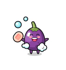 eggplant character is bathing while holding soap