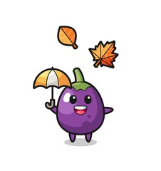 cartoon of the cute eggplant holding an umbrella in autumn