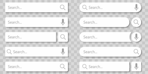Search bar vector element with diferent design, set of ten search boxes ui template on gray background. Vector illustration.