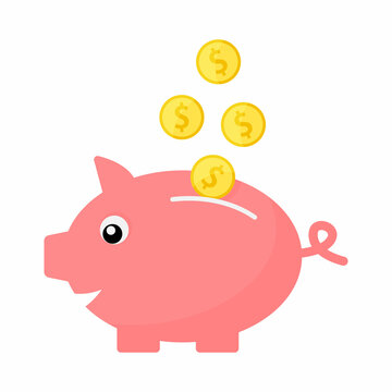 Flat pig and gold coin isolated on white background. Piggybank illustration concept. bank economy