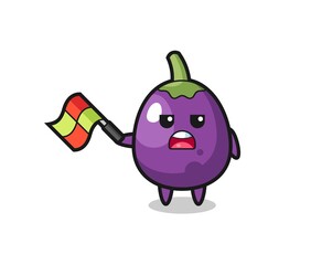 eggplant cartoon as the line judge hold the flag up at a 45 degree angle