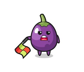 eggplant character as line judge hold the flag down at a 45 degree angle