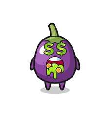 eggplant character with an expression of crazy about money