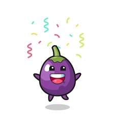 happy eggplant mascot jumping for congratulation with colour confetti