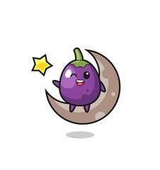 illustration of eggplant cartoon sitting on the half moon