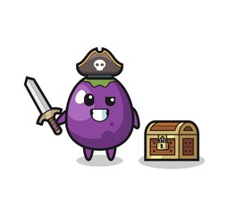the eggplant pirate character holding sword beside a treasure box