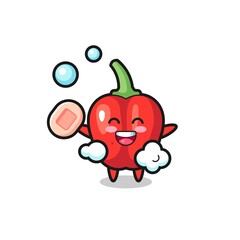 red bell pepper character is bathing while holding soap
