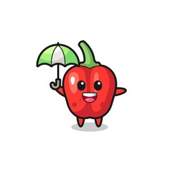 cute red bell pepper illustration holding an umbrella