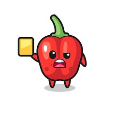cartoon red bell pepper character as a football referee giving a yellow card