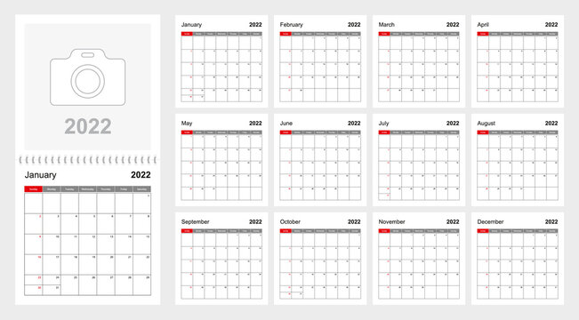 Wall Calendar Template For 2022 Year. Holiday And Event Planner, Week Starts On Sunday.