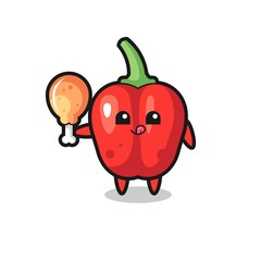 red bell pepper cute mascot is eating a fried chicken