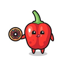 illustration of an red bell pepper character eating a doughnut