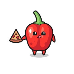 cute red bell pepper cartoon eating pizza