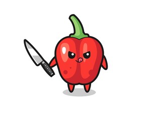 cute red bell pepper mascot as a psychopath holding a knife