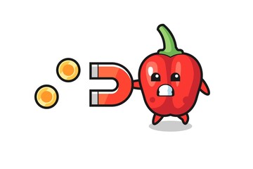 the character of red bell pepper hold a magnet to catch the gold coins
