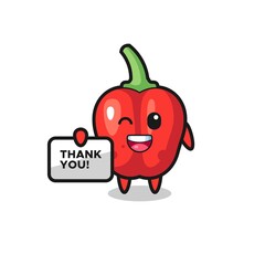 the mascot of the red bell pepper holding a banner that says thank you