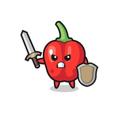 cute red bell pepper soldier fighting with sword and shield
