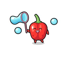 happy red bell pepper cartoon playing soap bubble