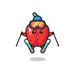 red bell pepper mascot character as a ski player