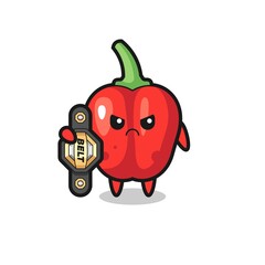 red bell pepper mascot character as a MMA fighter with the champion belt