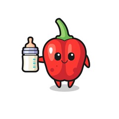 baby red bell pepper cartoon character with milk bottle