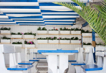 Restaurant tables in blue and white