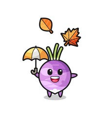 cartoon of the cute turnip holding an umbrella in autumn