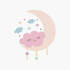 Scandinavian boho cute cloud on crescent pastel colors. Hand drawn vector element for nursery decoration, baby shower, birthday, children's party, poster, invitation, postcard, kids clothes