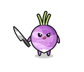 cute turnip mascot as a psychopath holding a knife