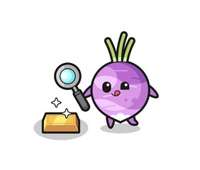 turnip character is checking the authenticity of the gold bullion