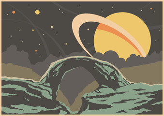 Unknown Planet Landscape, Retro Future Sci Fi Illustrations Stylization