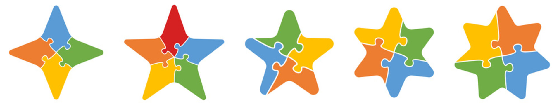 Star divided into 4 jigsaw puzzle pieces, four to seven slightly rounded version. Can be used as infographics element