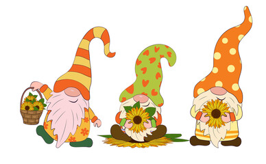 Cheerful Gnomes with sunflower flowers. Vector illustration