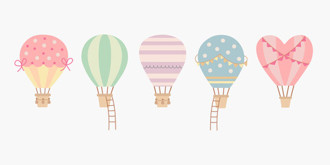 Scandinavian boho cute set of aerostats. Hand drawn vector elements for nursery decoration, baby shower, children's party, poster, invitation, postcard, kids clothes