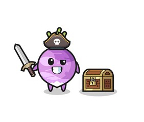 the turnip pirate character holding sword beside a treasure box