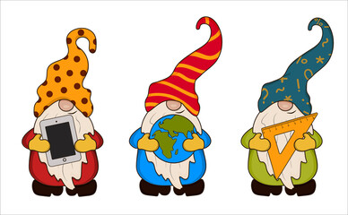 Gnomes are holding school supplies, globe, school ruler and tablet