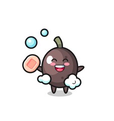 Fototapeta premium black olive character is bathing while holding soap