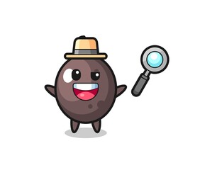illustration of the black olive mascot as a detective who manages to solve a case