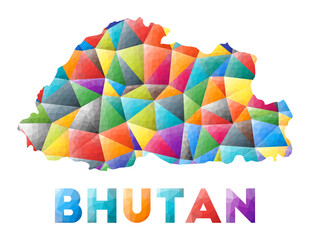 Bhutan - colorful low poly country shape. Multicolor geometric triangles. Modern trendy design. Vector illustration.