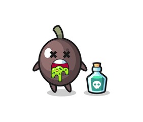illustration of an black olive character vomiting due to poisoning