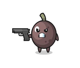 the cute black olive character shoot with a gun