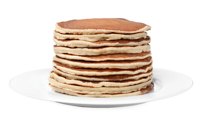 Stack of hot tasty pancakes on white background
