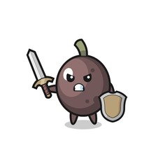 cute black olive soldier fighting with sword and shield