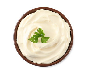 Bowl with delicious mayonnaise and parsley isolated on white, top view