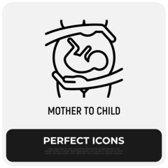 Pregnant woman with embryo in belly. Maternity. Thin line icon. Modern vector illustration.