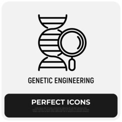 Genetic engineering thin line icon, DNA with magnifying glass. Modern vector illustration.