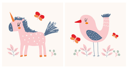 Cute Hand Drawn Nursery Vector Illustration with Funny Pink Unicorn and Dreamy Bird on a Cream Background ideal for Card, Poster, Wall Art. Lovely Childish Style Art for Kids Room Decoration.