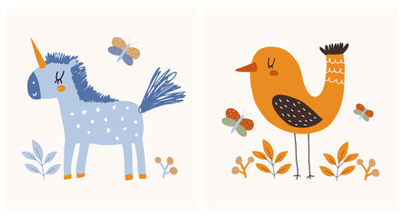 Cute Hand Drawn Nursery Vector Illustration with Funny Blue Unicorn and Dreamy Brown Bird on a Cream Background ideal for Card, Poster, Wall Art. Lovely Childish Style Art for Kids Room Decoration.